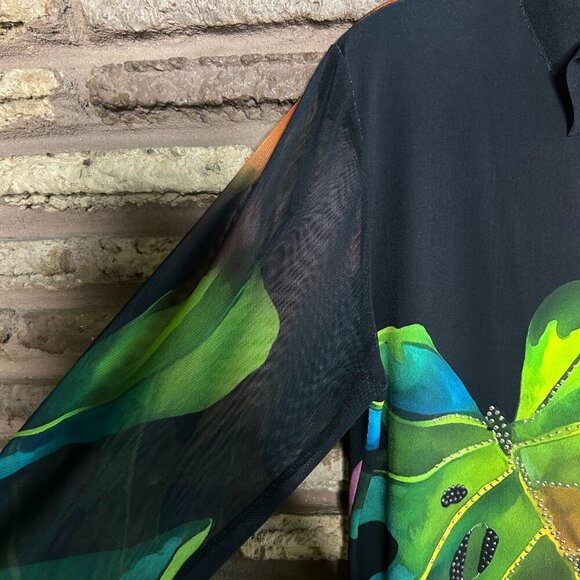 Valentina Colorful Leaf Design Full Zip Mesh Bling Top Jacket Size Medium - Picture 6 of 10